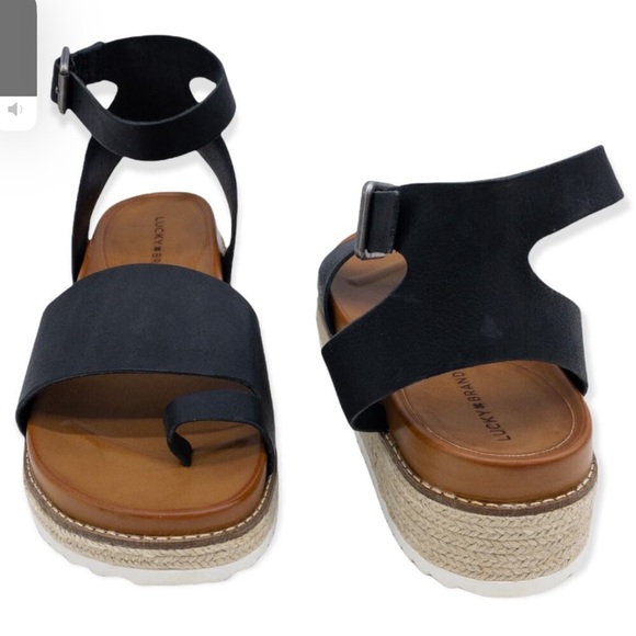 Lucky Brand Black Leather Wedge Sandals - Picture 6 of 12